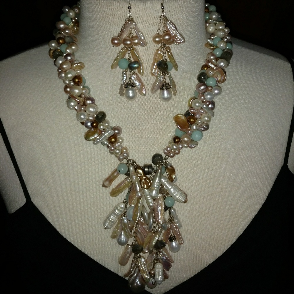 Genuine Pearl and Gemstone Necklace Earrings Set